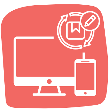 A red icon featuring a computer monitor, a smartphone, and an image with an upward arrows symbol, indicating editing or sharing capabilities across devices.