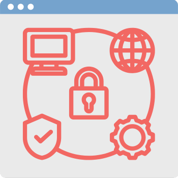 Illustration of a browser window with icons of a computer, globe, padlock, shield with a checkmark, and a gear, all interconnected by a circle. Represents concepts of internet security and global connectivity.