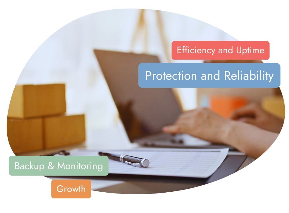 Hands typing on a laptop with sticky notes and boxes in the background. Text blocks read "Efficiency and Uptime," "Protection and Reliability," "Backup & Monitoring," and "Growth." A pen and notepad are in the foreground.