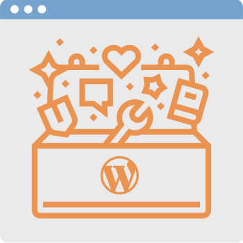 An illustration of an open toolbox with a WordPress logo. It includes icons of a wrench, pencil, chat bubble, and heart, representing tools and creativity, surrounded by stars and sparkles.