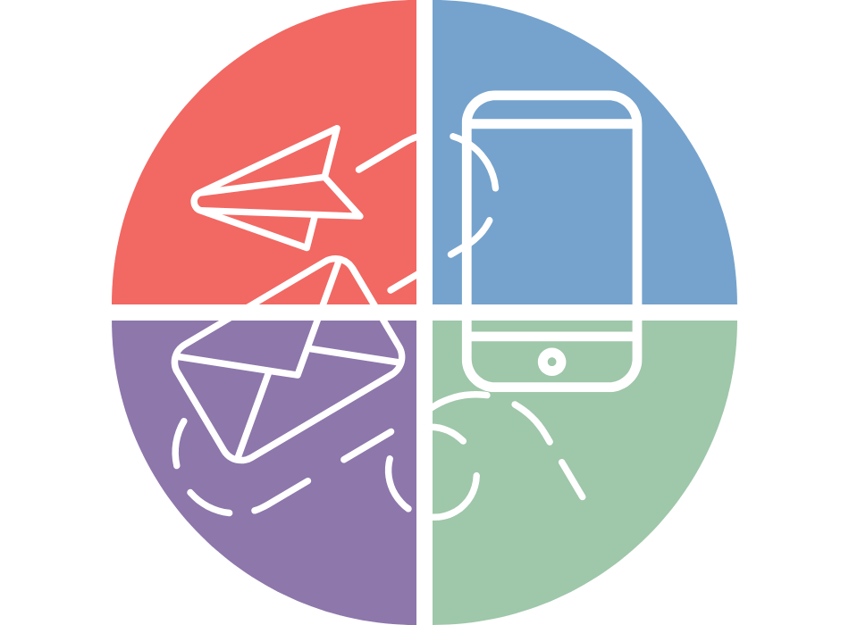 A circular infographic divided into four colored quadrants: coral, lavender, blue, and green. It features white line drawings of a paper airplane, an envelope, a mobile phone, and a curved arrow.