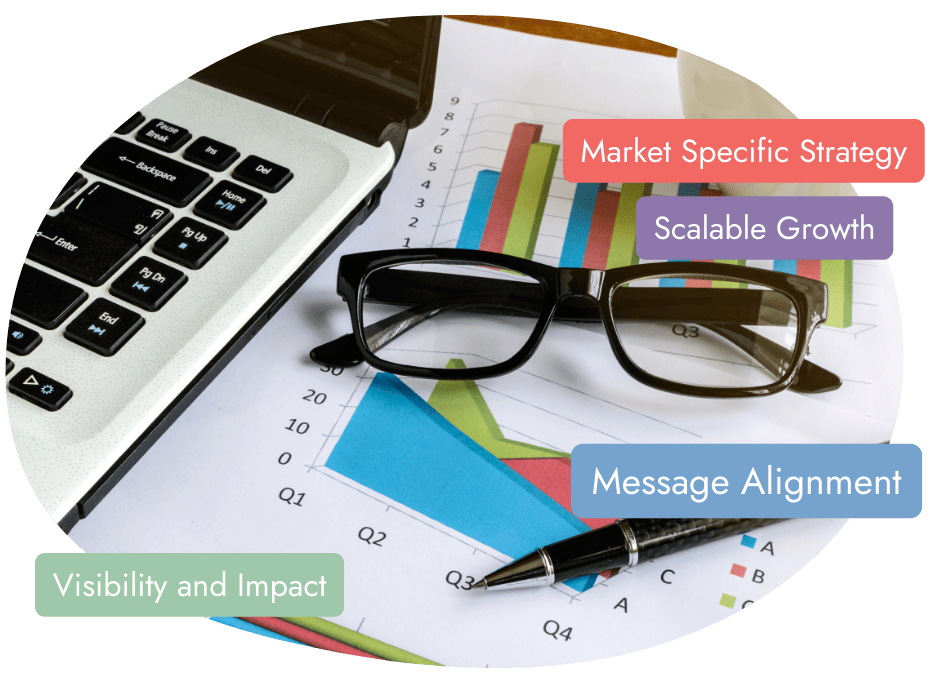 A laptop is partially open next to eyeglasses and a pen on a document with colorful bar graphs. Four colored text boxes read: "Market Specific Strategy," "Scalable Growth," "Message Alignment," and "Visibility and Impact.