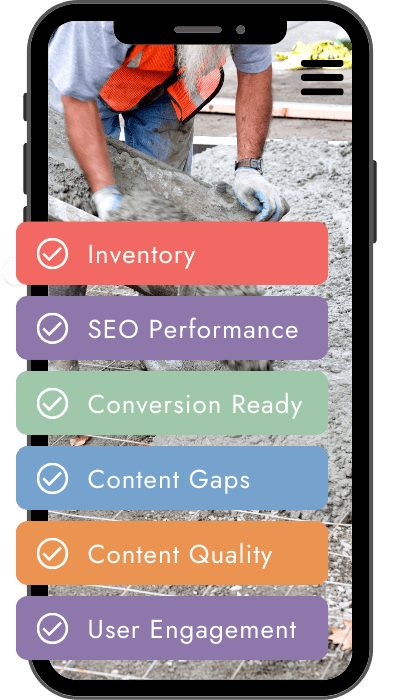Image of a smartphone screen displaying a to-do list with status checkmarks. Items include Inventory, SEO Performance, Conversion Ready, Content Gaps, Content Quality, and User Engagement. Background shows a construction worker in an orange vest.