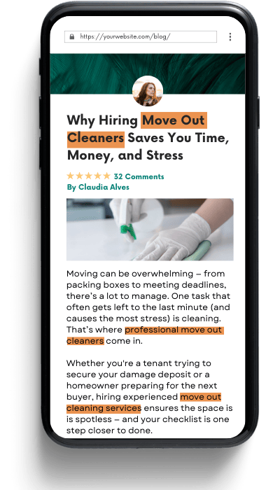 A smartphone displaying a blog titled "Why Hiring Move Out Cleaners Saves You Time, Money, and Stress" by Claudia Alves. It shows cleaning gloves and text about the benefits of professional cleaning services during moving out.