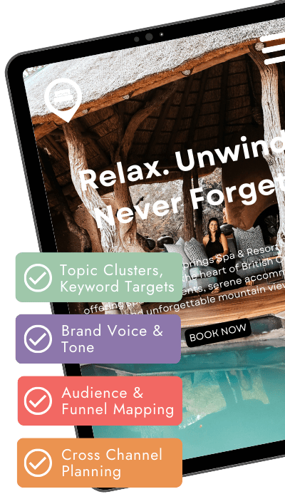 Tablet displaying a vacation resort ad showing a woman sitting by a pool in a rustic setting. Overlay features checklists on marketing strategies: "Topic Clusters," "Brand Voice," "Audience Mapping," and "Cross Channel Planning.