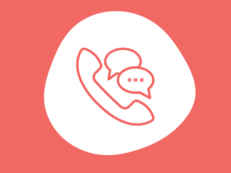 Icon of a telephone receiver with two speech bubbles above it. The image is on a coral background with a white, rounded shape in the center. One bubble has three dots, representing a conversation.