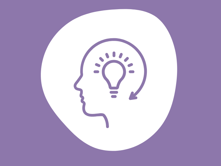 Outline of a human head with a lightbulb and radiating lines inside, symbolizing a bright idea. The design is in white on a purple background, with a circular arrow looping around the lightbulb.