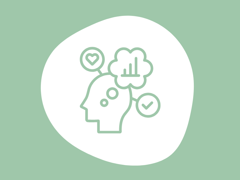 Illustration of a head silhouette with thought bubbles. One bubble contains a bar graph, another a heart, and a third a check mark. The background is a soft green, and the design is minimalist.