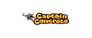 Logo with the text "Captain Concrete" in bold, orange letters outlined in black. A cartoon character with a helmet and wrench is behind the text, adding a playful touch to the logo.