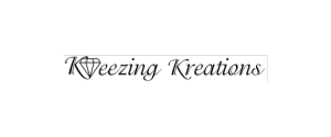 Logo with the text "Keezing Kreations" in elegant script. The "K" in "Keezing" is stylized with a diamond icon. The background is transparent.