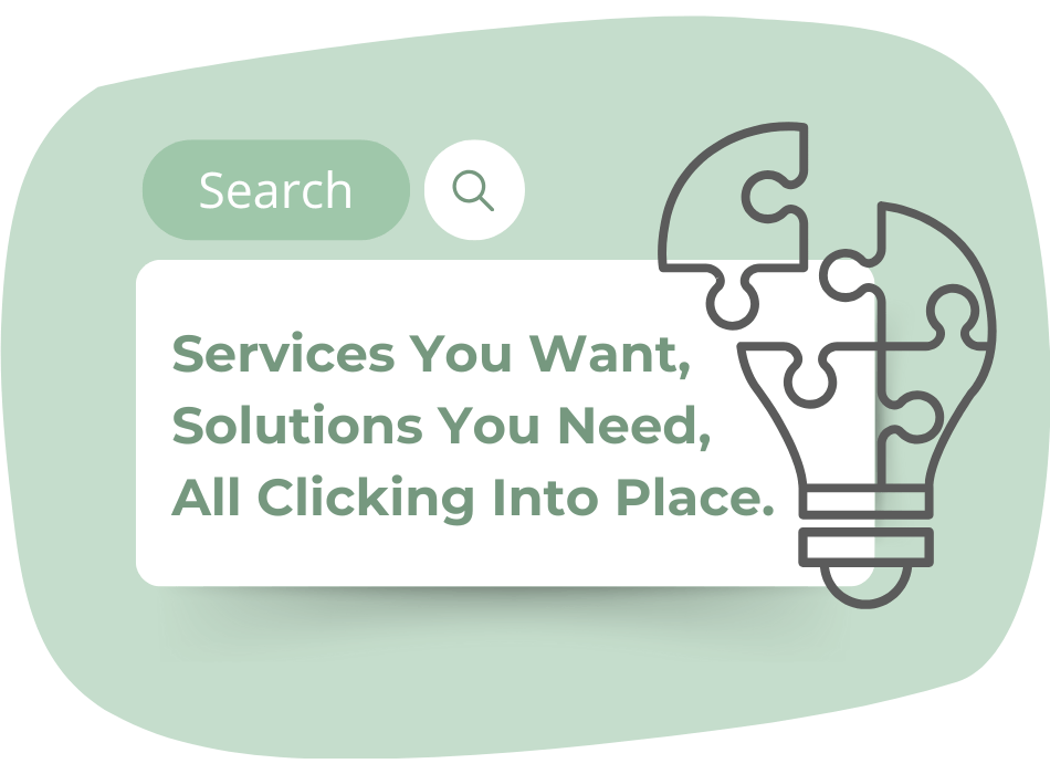 A search bar and magnifying glass icon with the text: "Services You Want, Solutions You Need, All Clicking Into Place." A lightbulb made of puzzle pieces is on the right. The background is light green.
