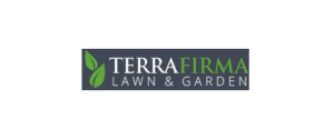 Logo for Terra Firma Lawn & Garden with a dark background. The text is white, except for "FIRMA," which is in green, accompanied by a green leaf design on the left.
