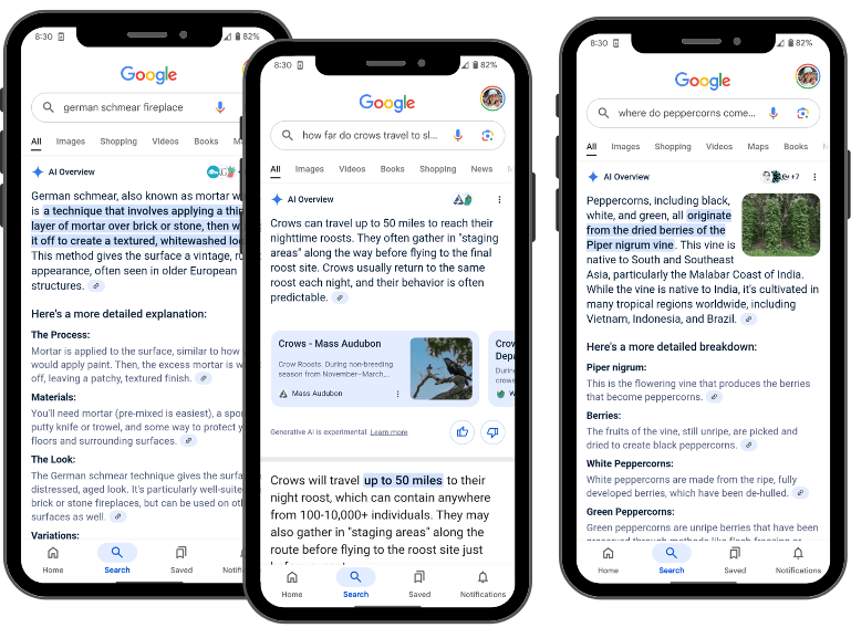 Three smartphones display Google search results: the first for "german schmear fireplace" with a featured snippet, the second for "how do crows travel so far," and the third for "where do peppercorns come from.