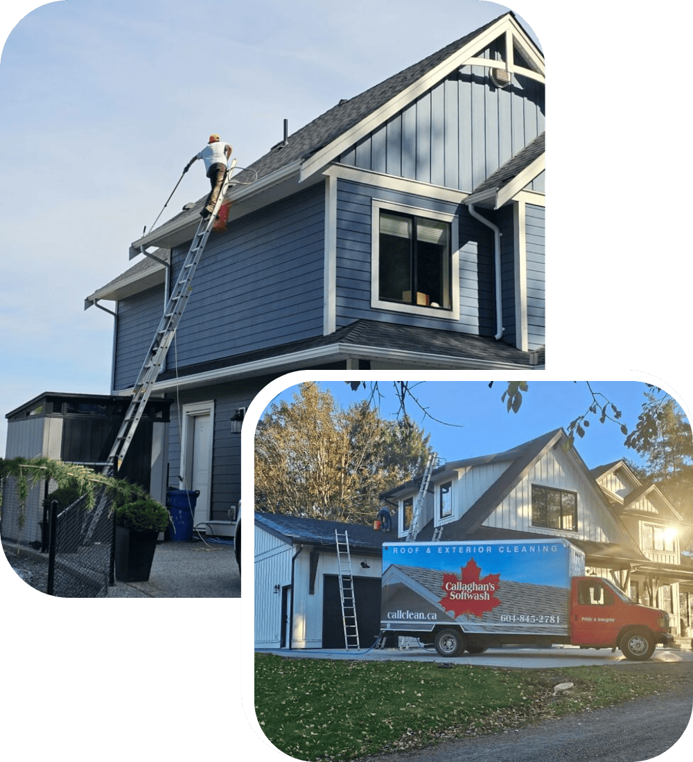 A person cleans the roof of a gray house using a pressure washer, standing on a ladder. Below, a red and white service van is parked outside a similar gray house with a banner for roof and exterior cleaning.