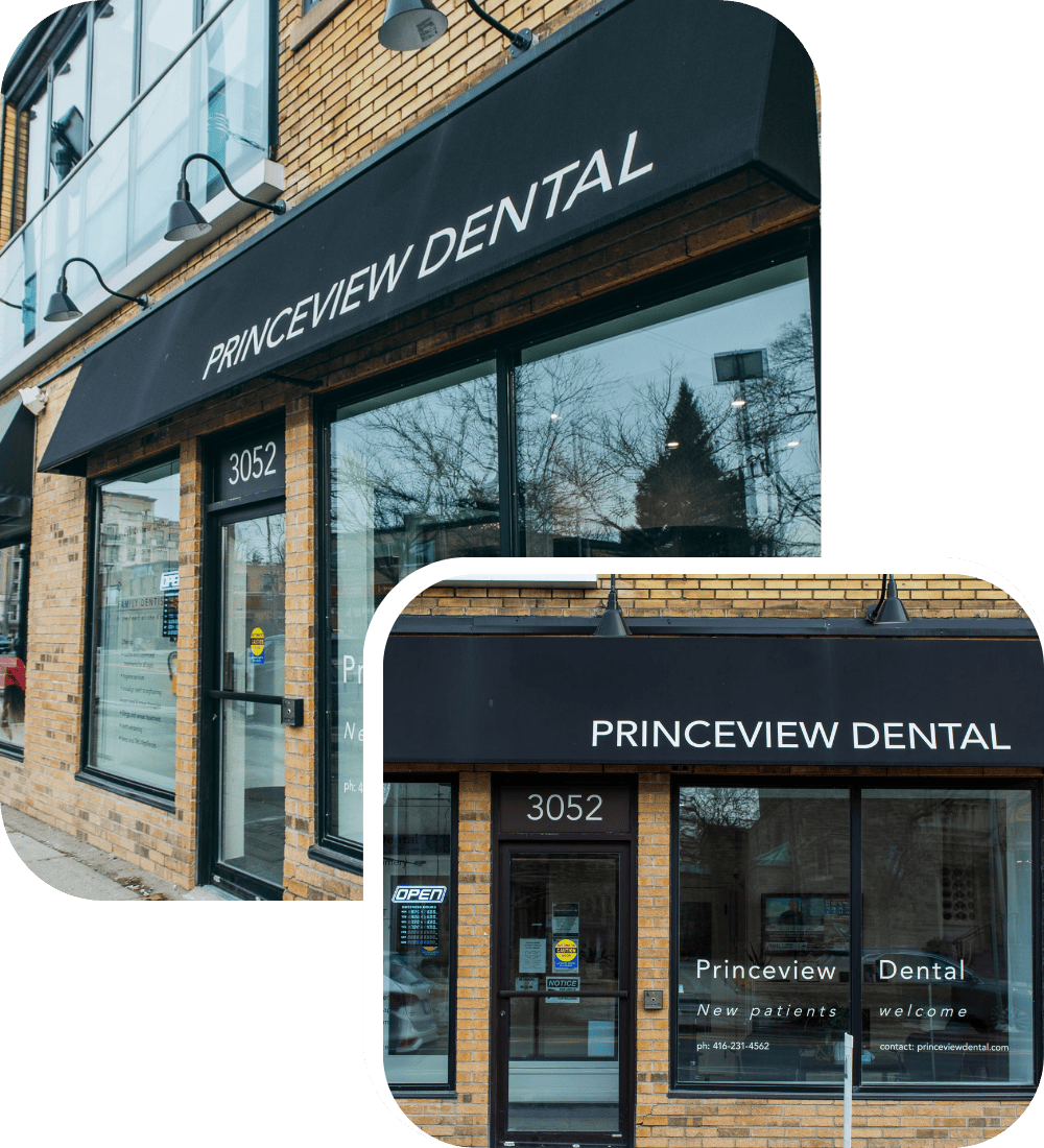 Two views of the exterior of Princeview Dental clinic at 3052, showing large glass windows, a brick facade, and a black awning with the clinic name in white letters.