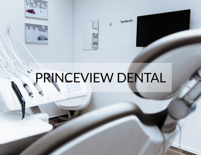 Modern dental office with dental chairs, equipment, and a screen on the wall. The text "PRINCEVIEW DENTAL" is displayed across the center of the image.