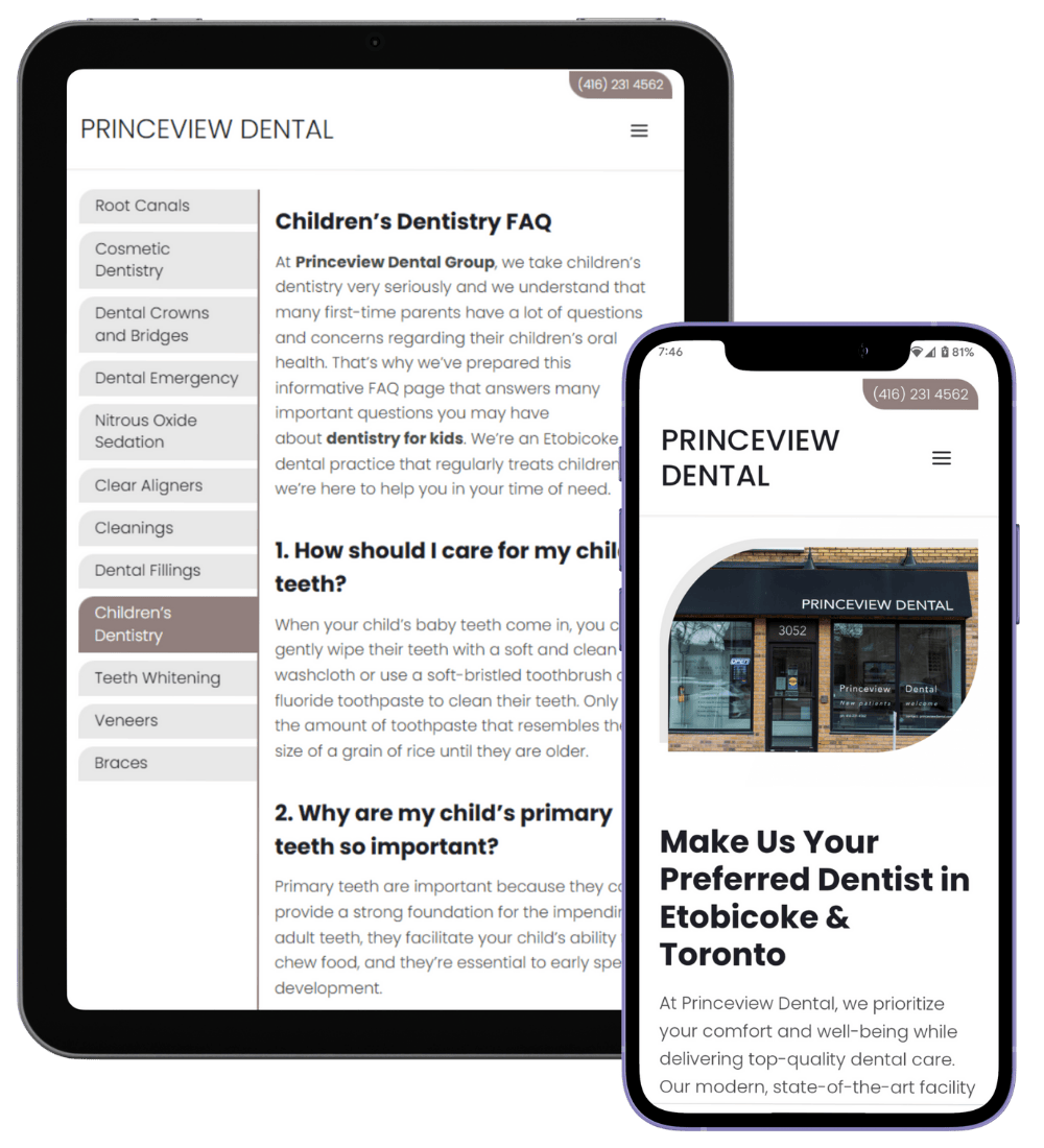 Two mobile devices display Princeview Dental’s website. The tablet shows a children’s dentistry FAQ page with a sidebar menu, while the phone displays the homepage with the clinic’s entrance photo and a welcome message.
