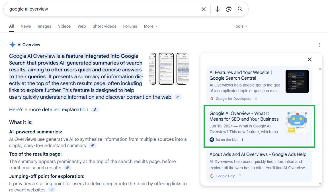 Screenshot of a Google search results page for "google ai overview." Text highlights and a green box emphasize Google's AI-generated overview feature and a related article about its impact on SEO and business.