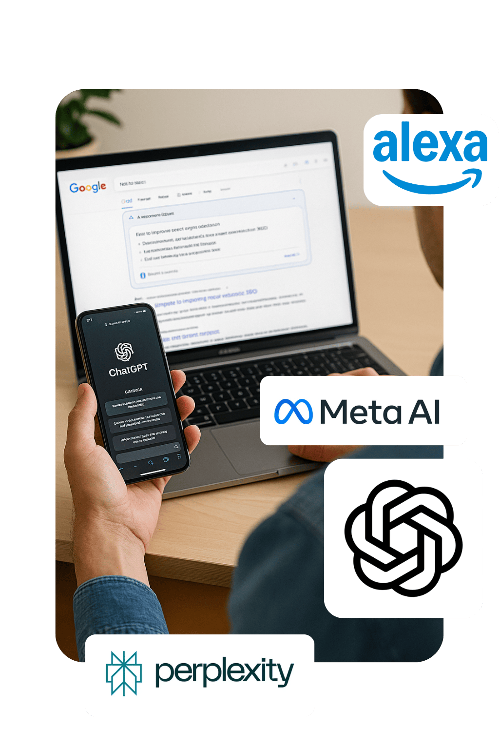 A person uses ChatGPT on a smartphone while sitting at a desk with a laptop displaying Google search results. Logos of Alexa, Meta AI, Perplexity, and OpenAI are overlaid on the image.