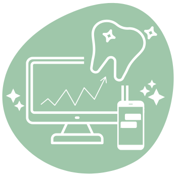 White icons of a sparkling tooth, a computer displaying a rising graph, and a smartphone are shown on a green abstract background, suggesting dental technology or digital dentistry.