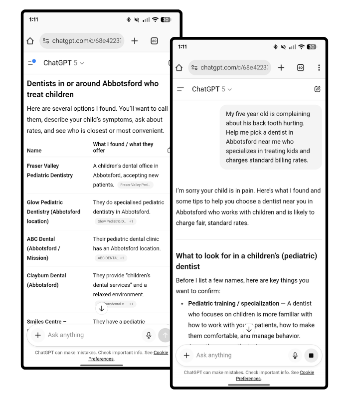 Smartphone screenshot showing two ChatGPT conversations. The left screen lists pediatric dentists in Abbotsford with dental SEO tips for choosing one. The right screen offers advice to a parent seeking a dentist for a child with a sensitive tooth.