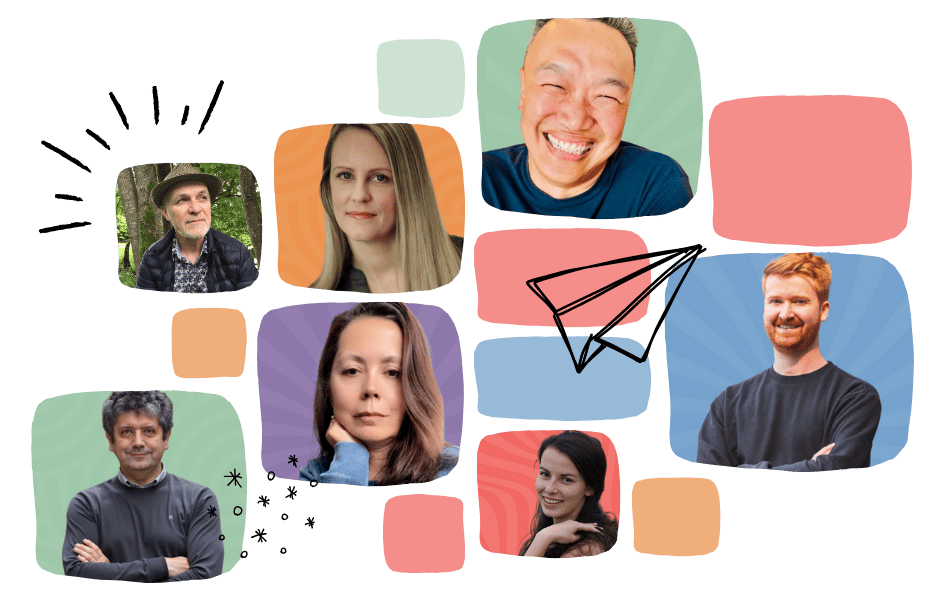 A collage of eight people, each in a colorful rounded square or rectangle, with playful doodles like lines, stars, and a paper airplane on a light background. The people are smiling or posing casually.