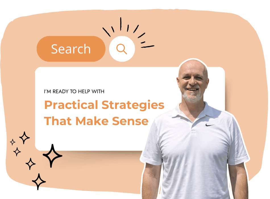 A smiling bald man in a white polo shirt stands in front of a peach-colored background with a search bar graphic and the text, “Practical Strategies That Make Sense.” Decorative stars are on the left side.