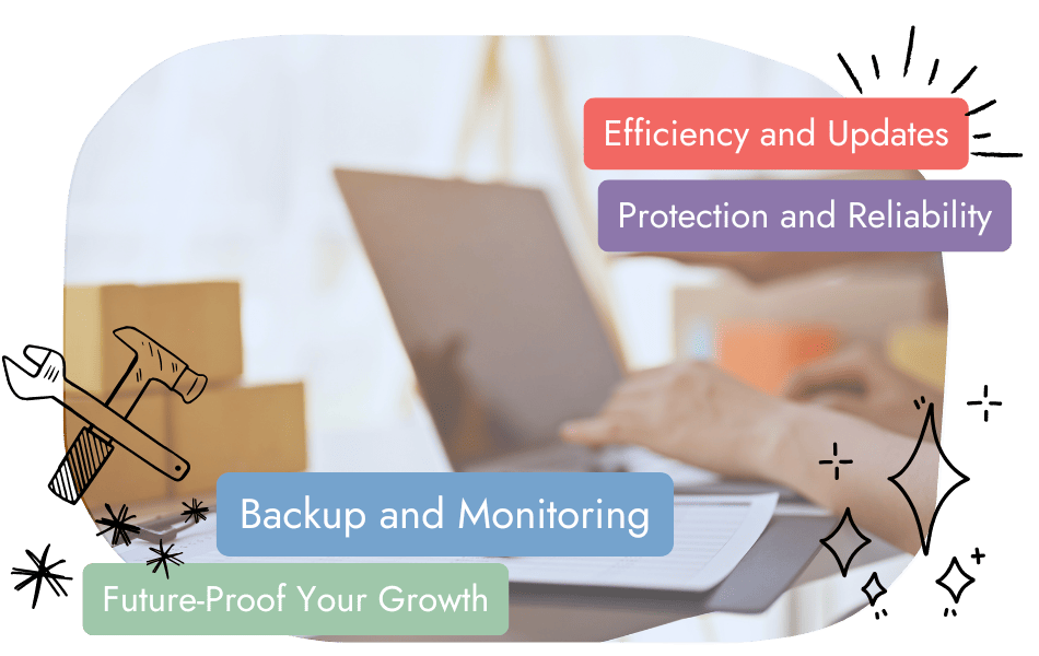 Person using a laptop at a desk with boxes in the background. Text overlays read: Efficiency and Updates, Protection and Reliability, Backup and Monitoring, and Future-Proof Your Growth, with decorative icons.