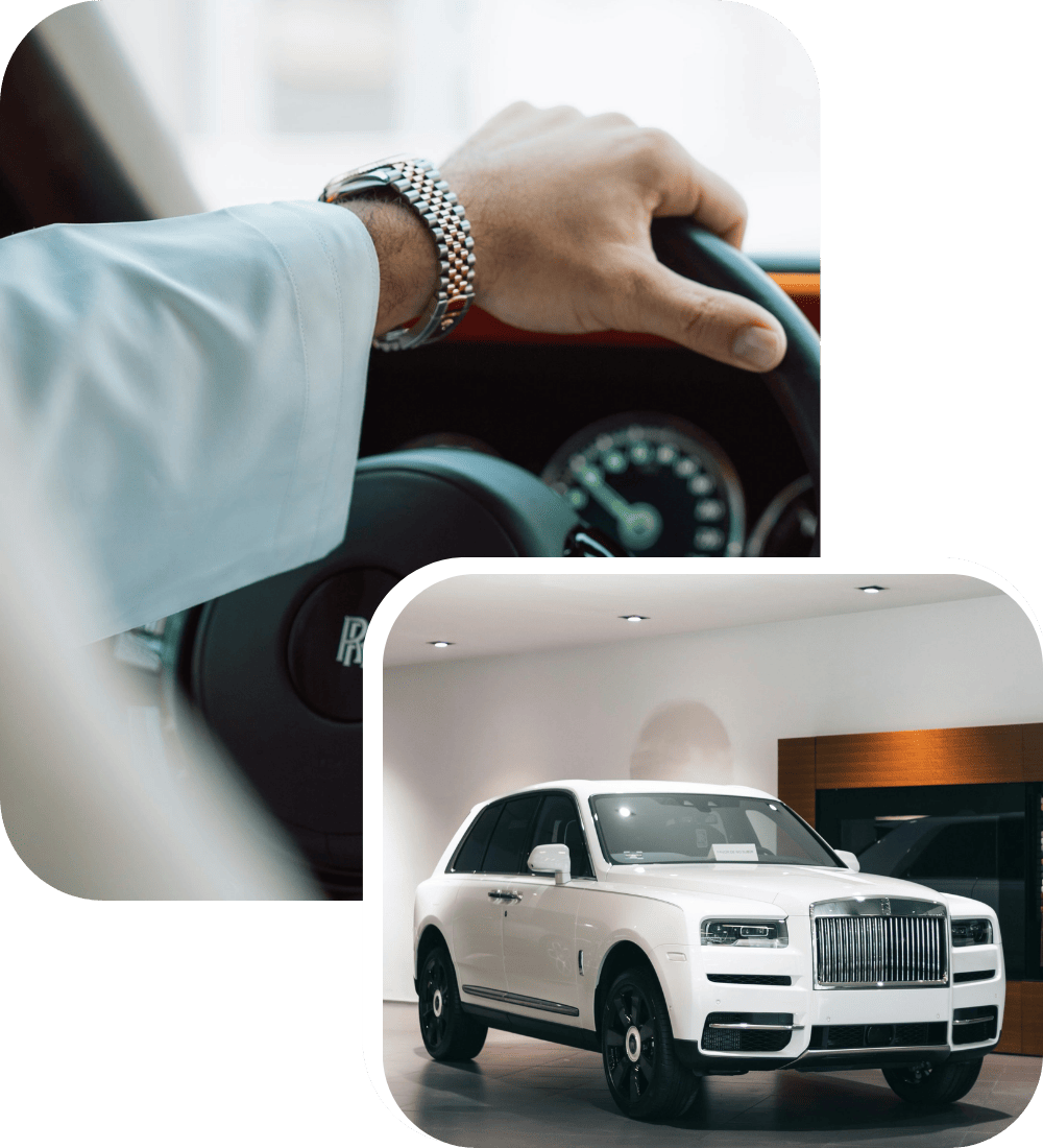 A close-up of a person’s hand wearing a watch on a Rolls-Royce steering wheel, overlapped with an image of a white Rolls-Royce SUV in a showroom, showcasing luxury and elegance—perfect inspiration for Willson Design Website Design.